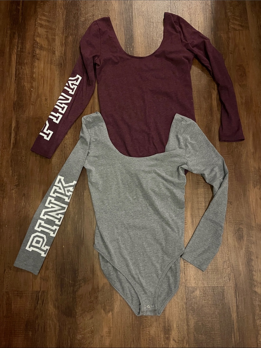 PINK Victoria's Secret Long Sleeve Bodysuits in Maroon and Gray Sz M